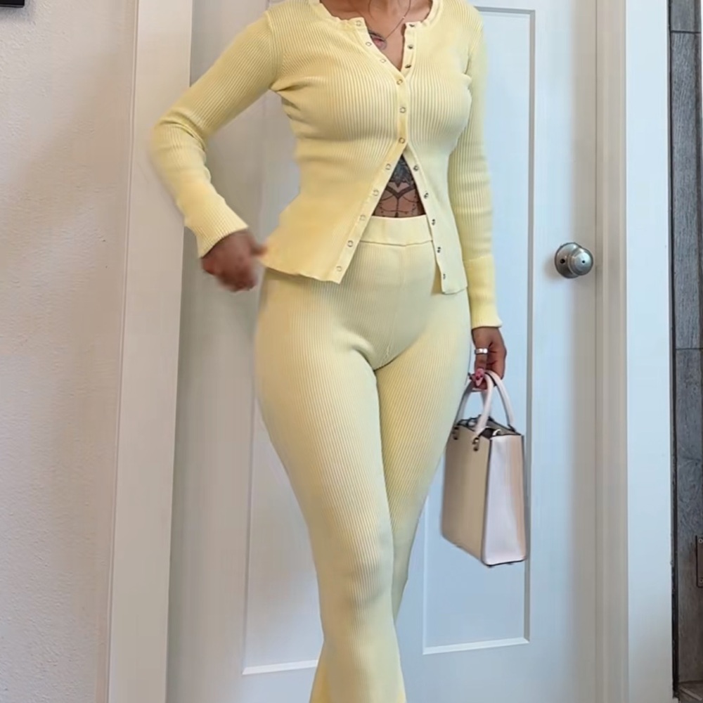 Yellow Ribbed Knit Pants & Cardigan set
